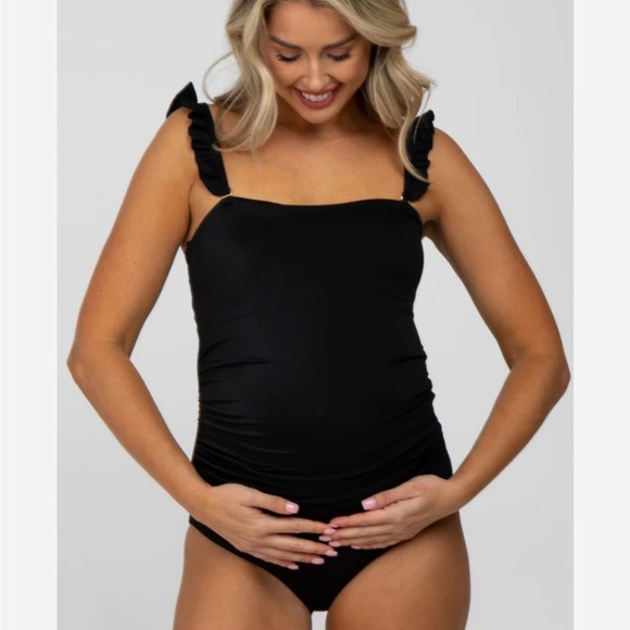 Pinkblush Other - Pinkblush Black Ribbed Square Neck Ruffle Strap One Piece Maternity Swimsuit